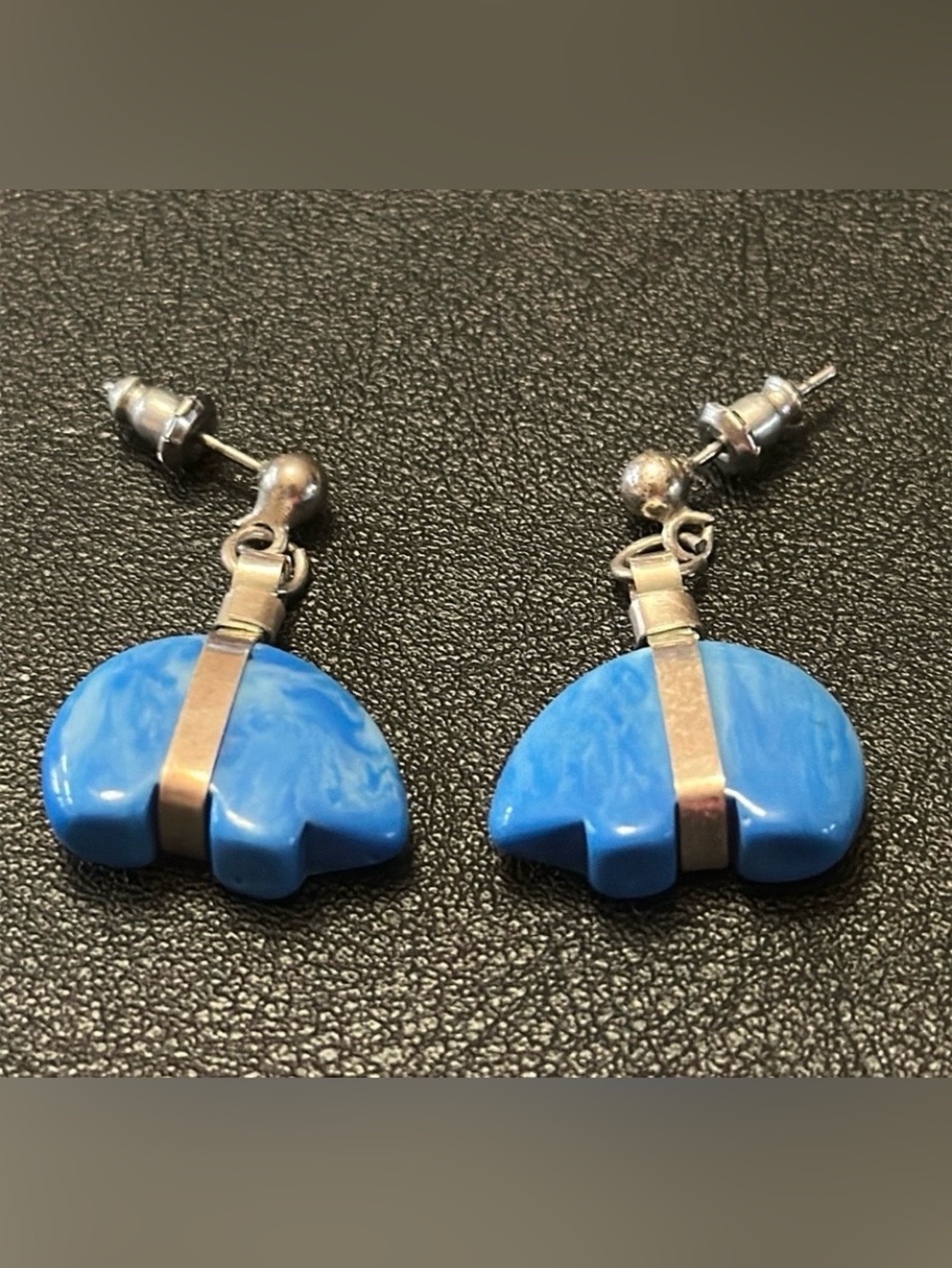 Vintage Blue Faux Stone Bear Dangle Earrings Silvertone